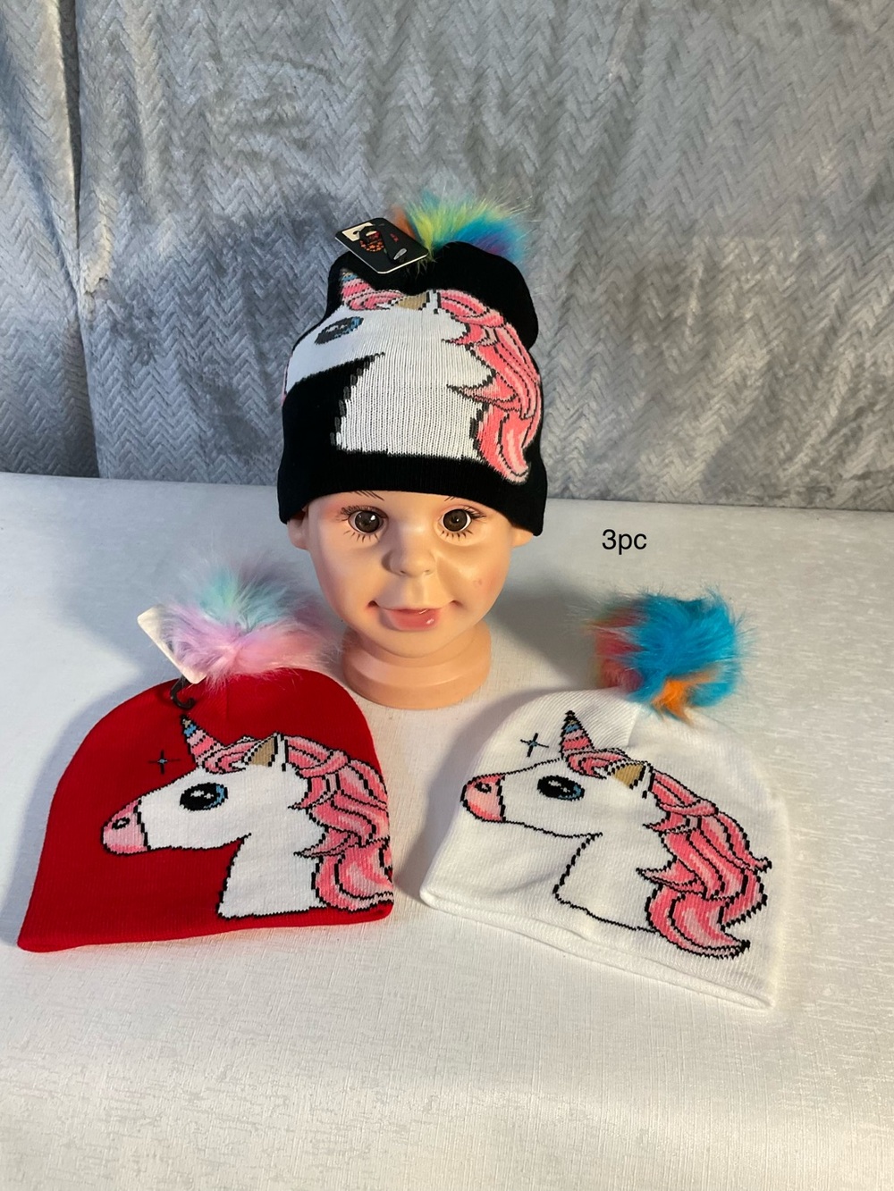 Unbranded Kids Unicorn Pom Beanie - Pink/Red/Black